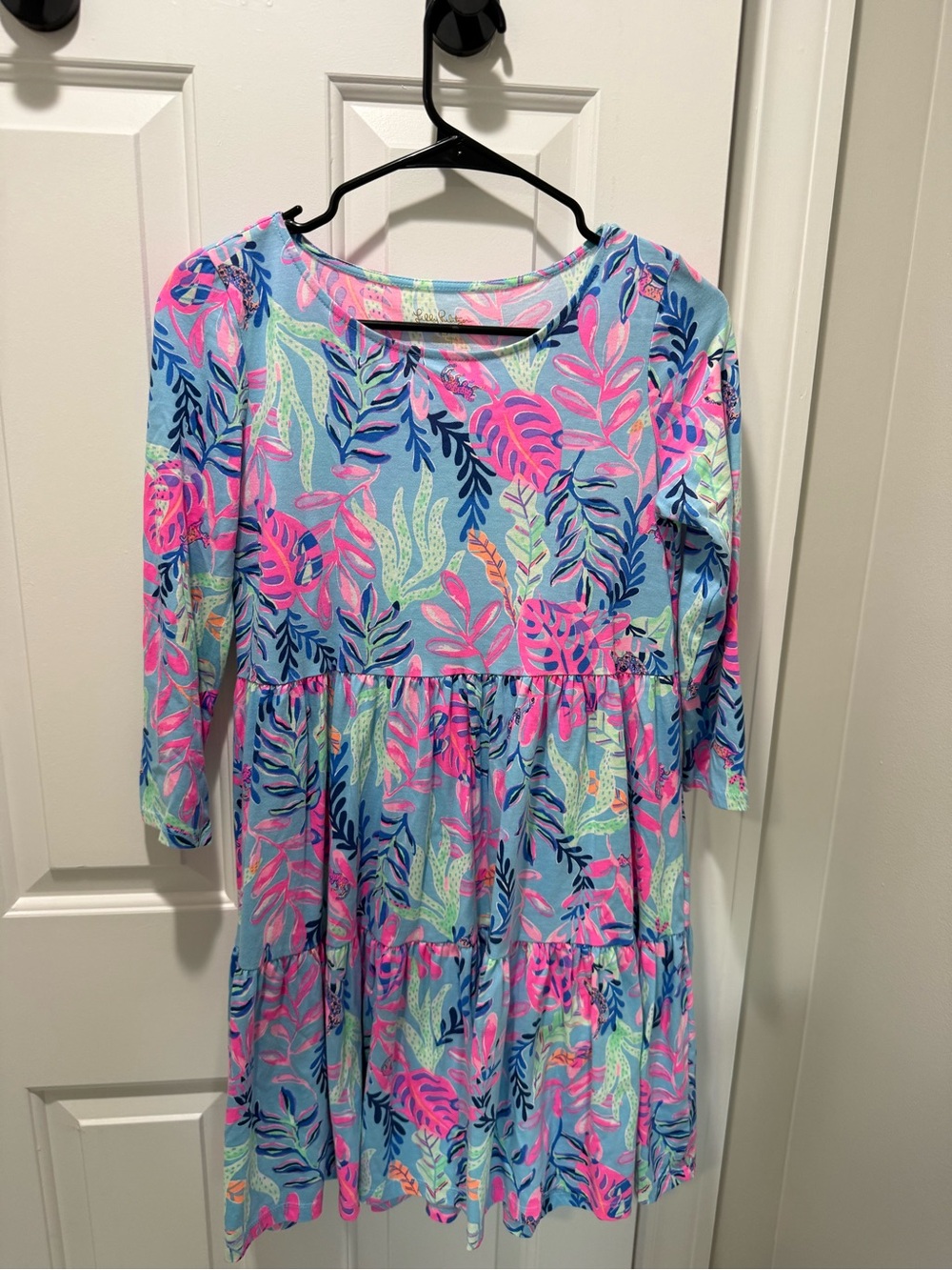Lilly Pulitzer Light Blue Tiered Dress with Pink & Navy Leaf Print